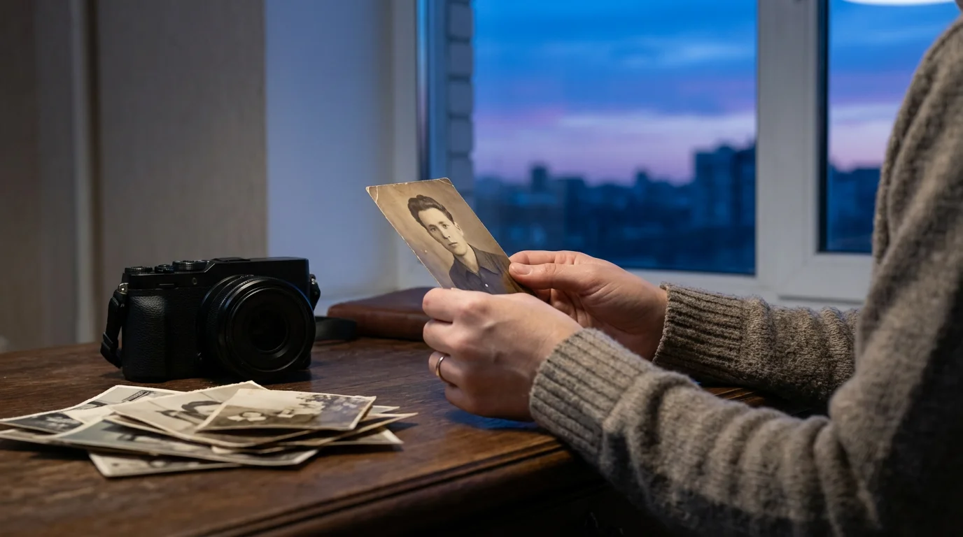 Over-the-shoulder view of a person holding an old photo with a new camera nearby.