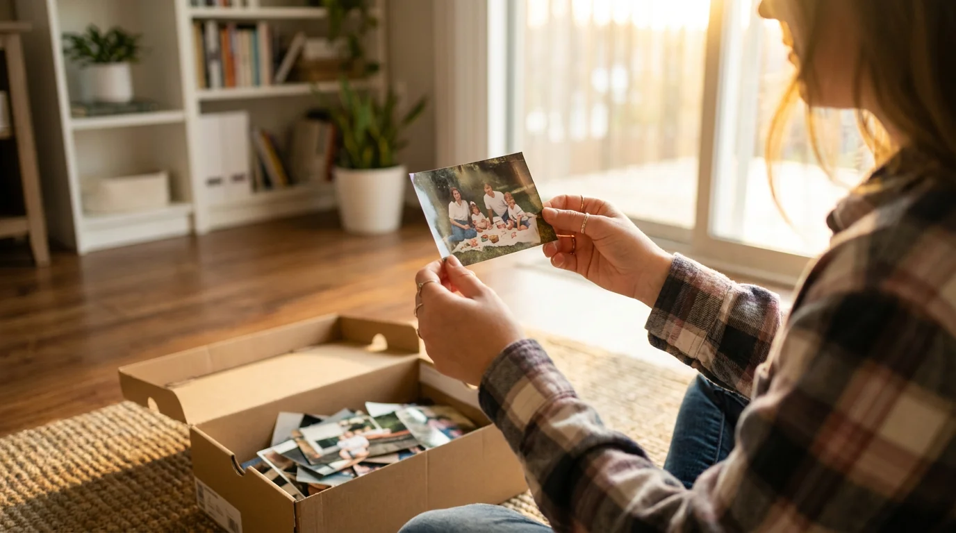 Over-the-shoulder view of a person inspecting a vintage photograph in a sunlit room.