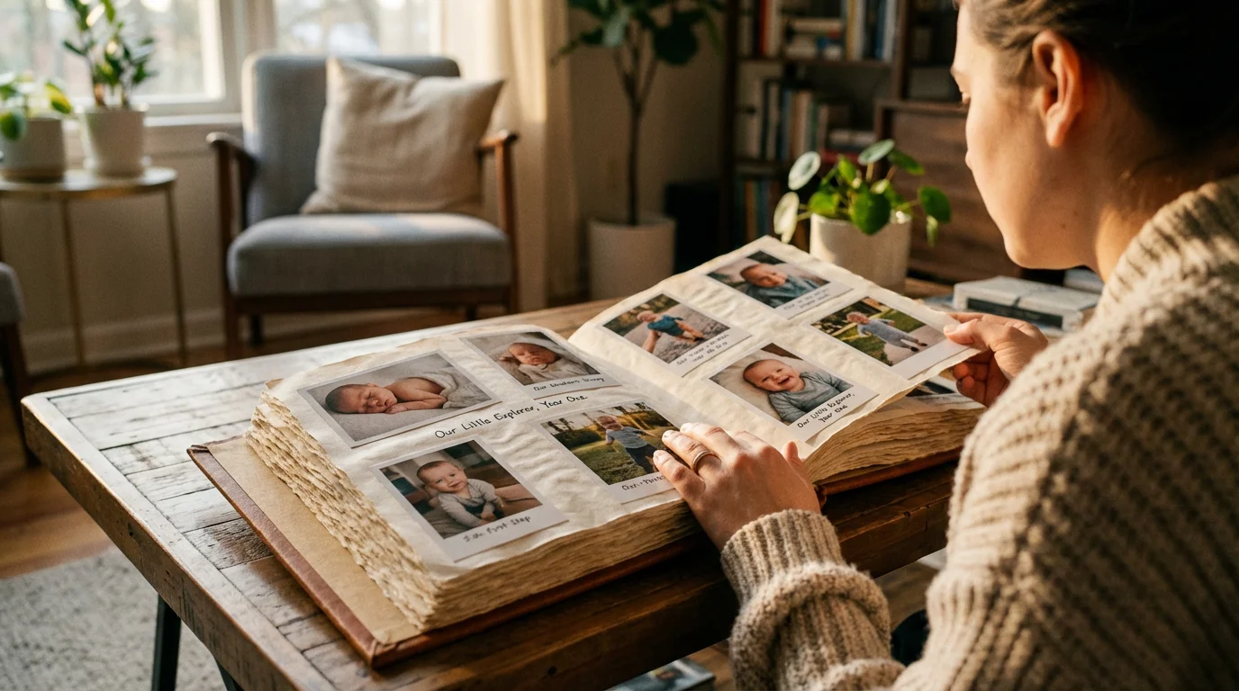 Over-the-shoulder view of a person looking at a baby's first-year photo album.