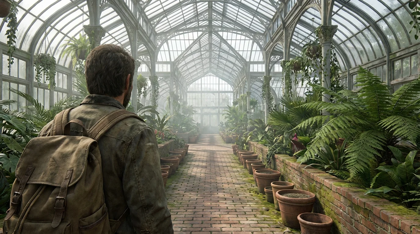 Over the shoulder view of a person looking down a path in a conservatory.