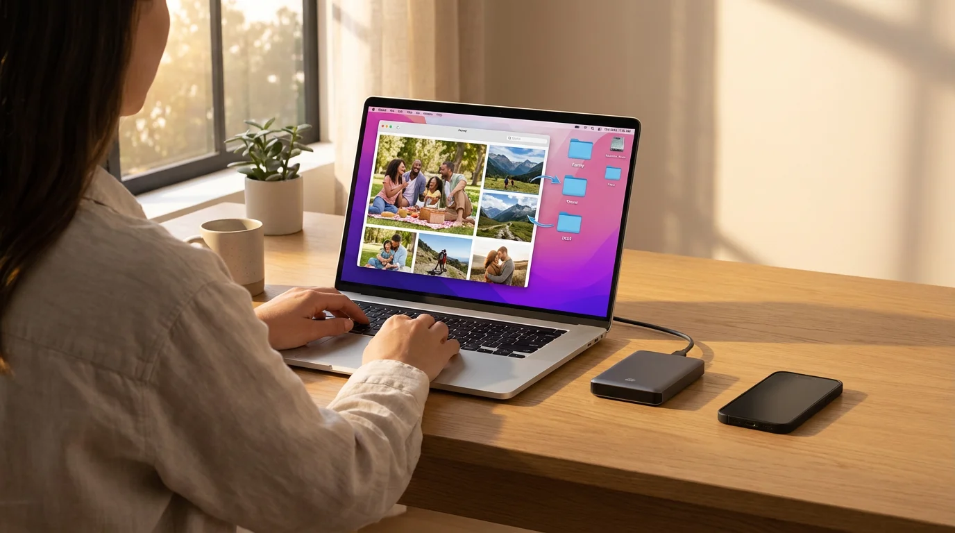 Over-the-shoulder view of a person organizing a digital photo collection on a laptop.