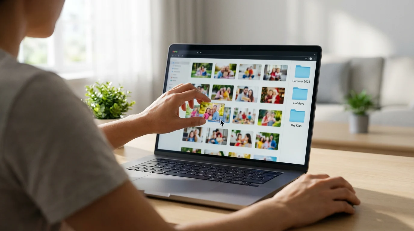 Over-the-shoulder view of a person organizing digital family photos on a laptop screen.