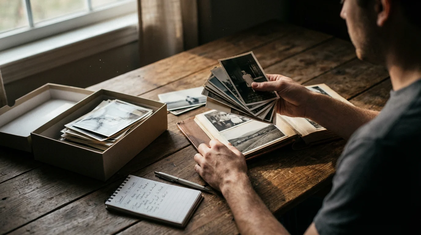 Over-the-shoulder view of a person organizing physical photos with albums and boxes.