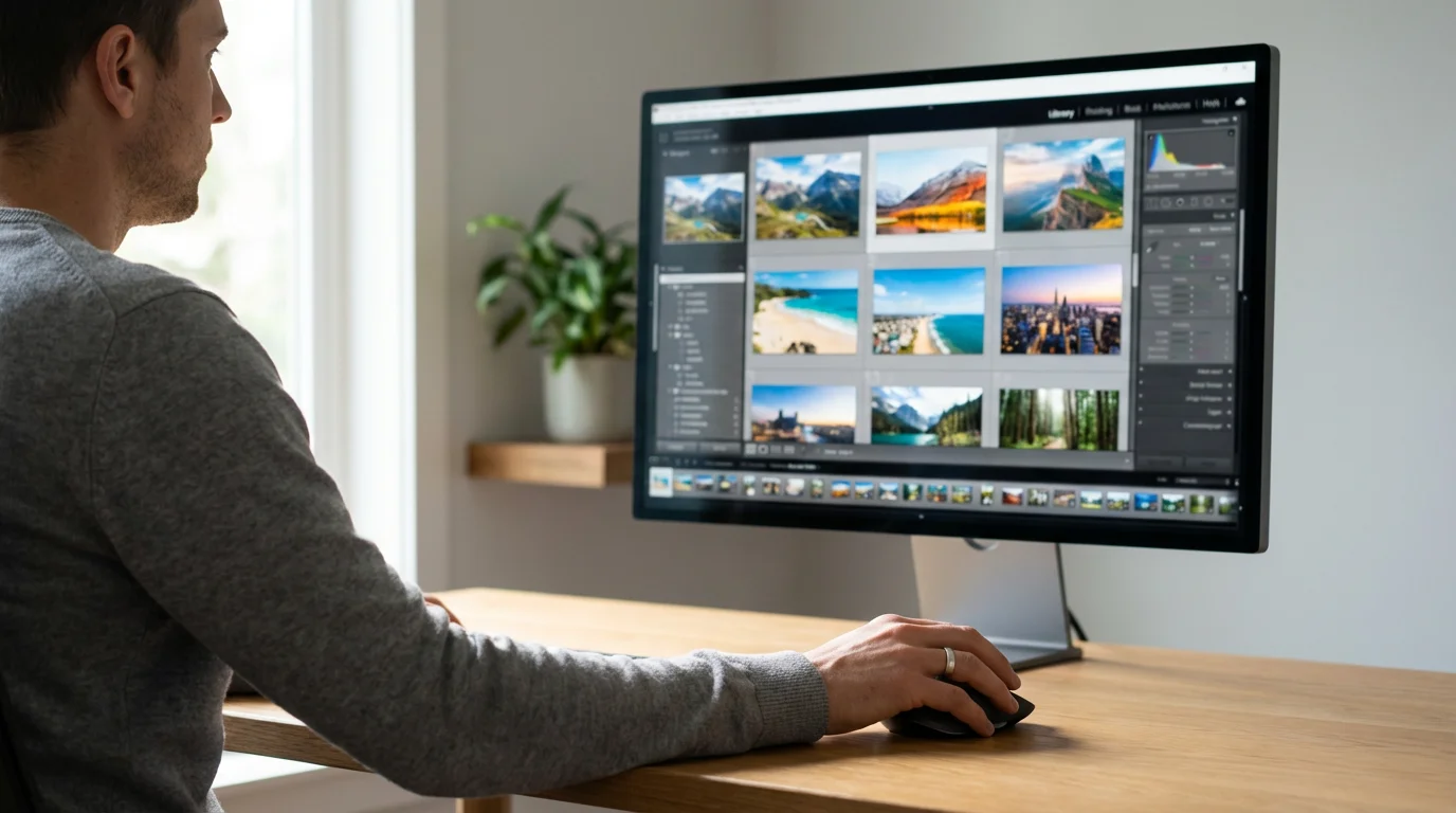 Over-the-shoulder view of a person organizing a digital photo library on a computer monitor.