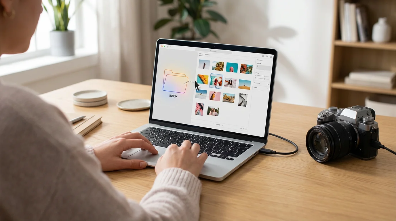 Over-the-shoulder view of a person organizing photos from a camera onto a laptop.