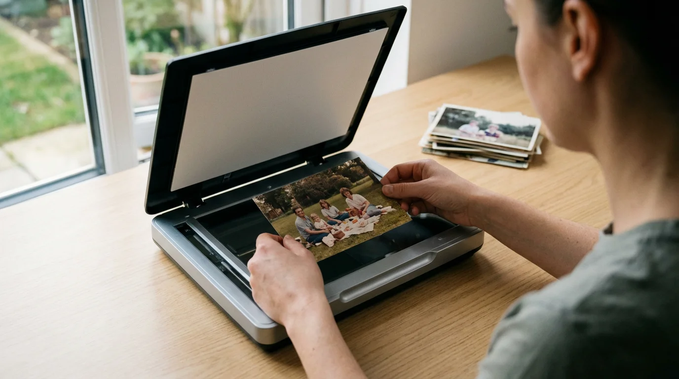 Over-the-shoulder view of a person placing an old photograph onto a digital scanner.