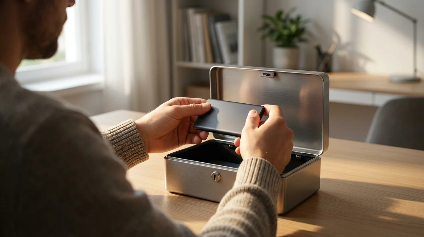 Over-the-shoulder view of a person placing an external hard drive into a secure lockbox.
