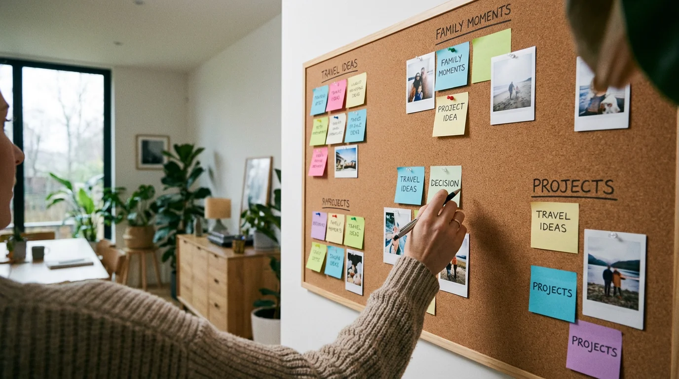 Over-the-shoulder view of a person planning a photo organization system on a corkboard.