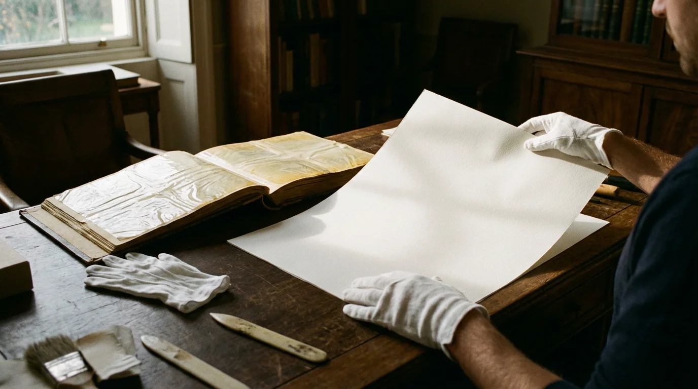 Over-the-shoulder view of a person preparing a clean workspace for photo album preservation.