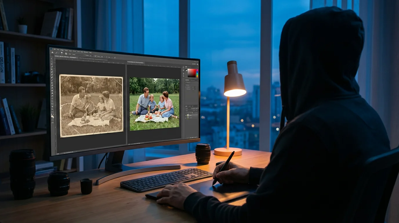 Over-the-shoulder view of a person reviewing a restored vintage photo on a computer screen.