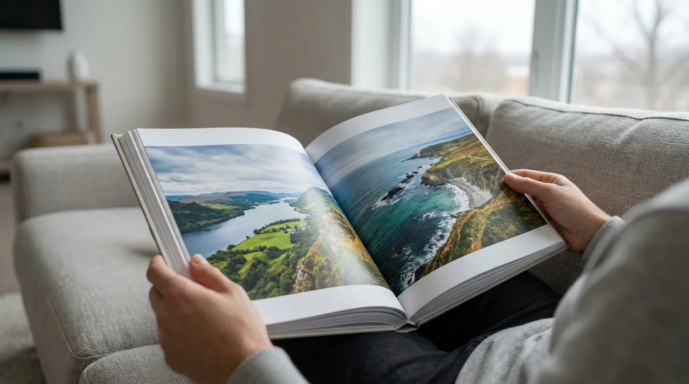 Over-the-shoulder view of a person reviewing a newly printed, high-quality hardcover photo book.