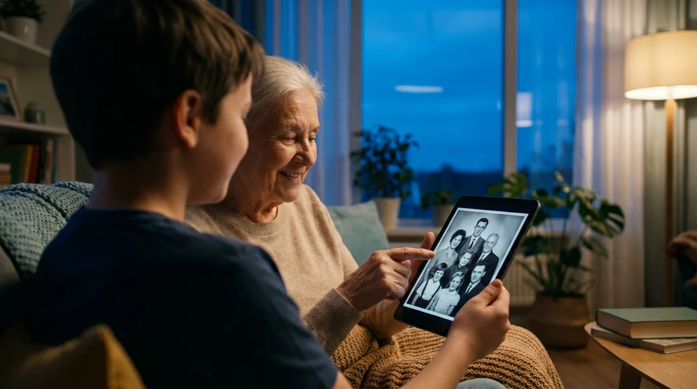 Over-the-shoulder view of a person showing an elderly woman digitized old photos on a tablet during twilight.