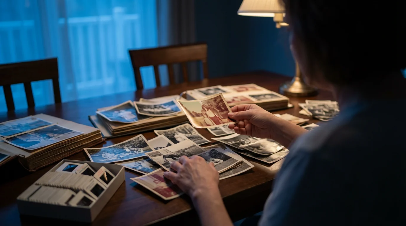 Over-the-shoulder view of a person sorting through old family photographs on a table.