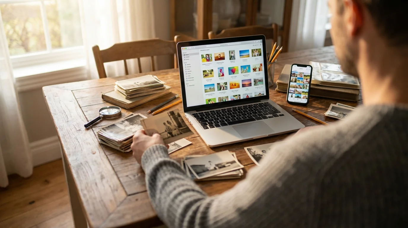 Over-the-shoulder view of a person sorting digital and physical photos on a wooden table.