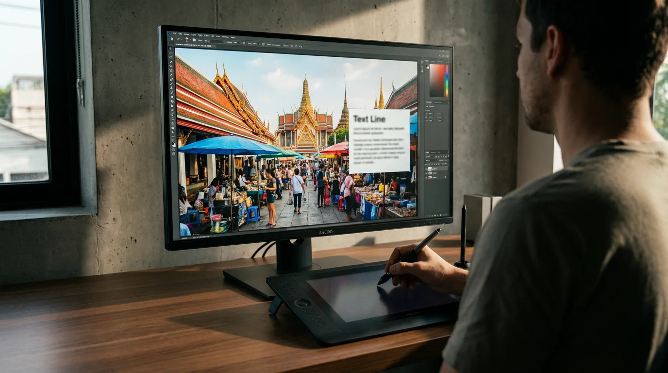 Over-the-shoulder view of a person using a stylus to add text to a photo.