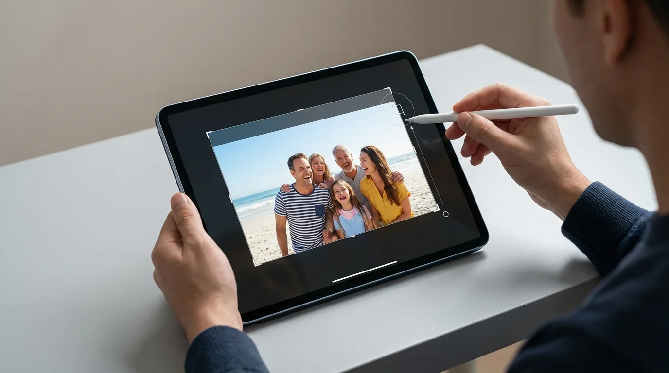 Over-the-shoulder view of a person using a stylus to crop a family photo on a tablet.
