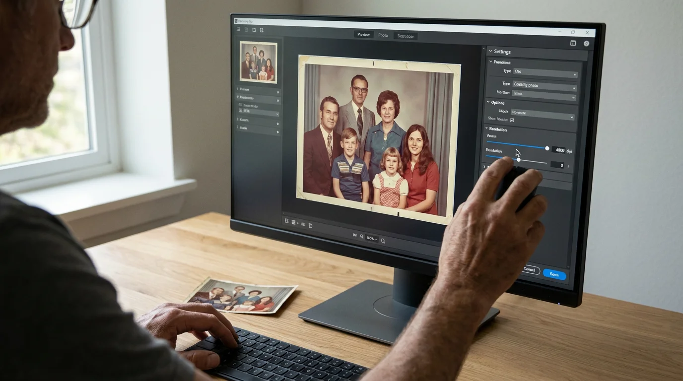 Over-the-shoulder view of a person using scanning software to adjust photo resolution settings.