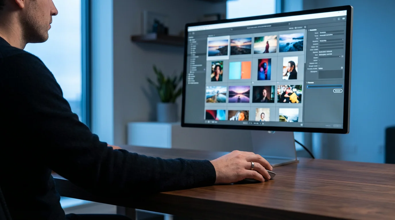 Over-the-shoulder view of a person using software to organize digital photos on a computer.