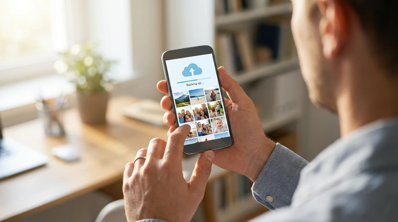 Over-the-shoulder view of a person's hands holding an Android phone backing up photos.