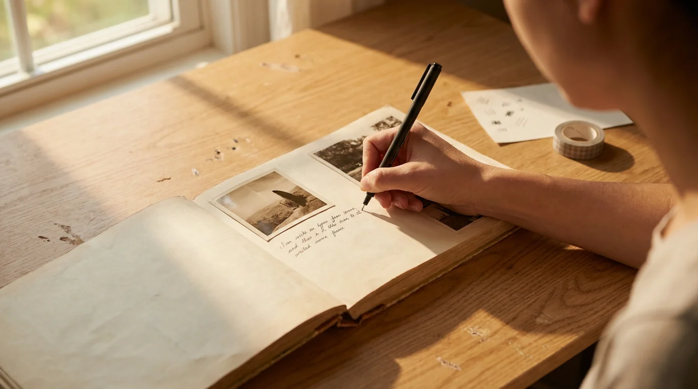 Over-the-shoulder view of a person's hands writing personal journaling in a photo scrapbook.