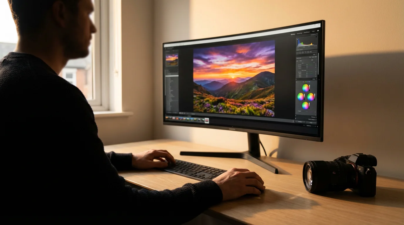 Over-the-shoulder view of a photographer editing a landscape photo on a computer at sunset.