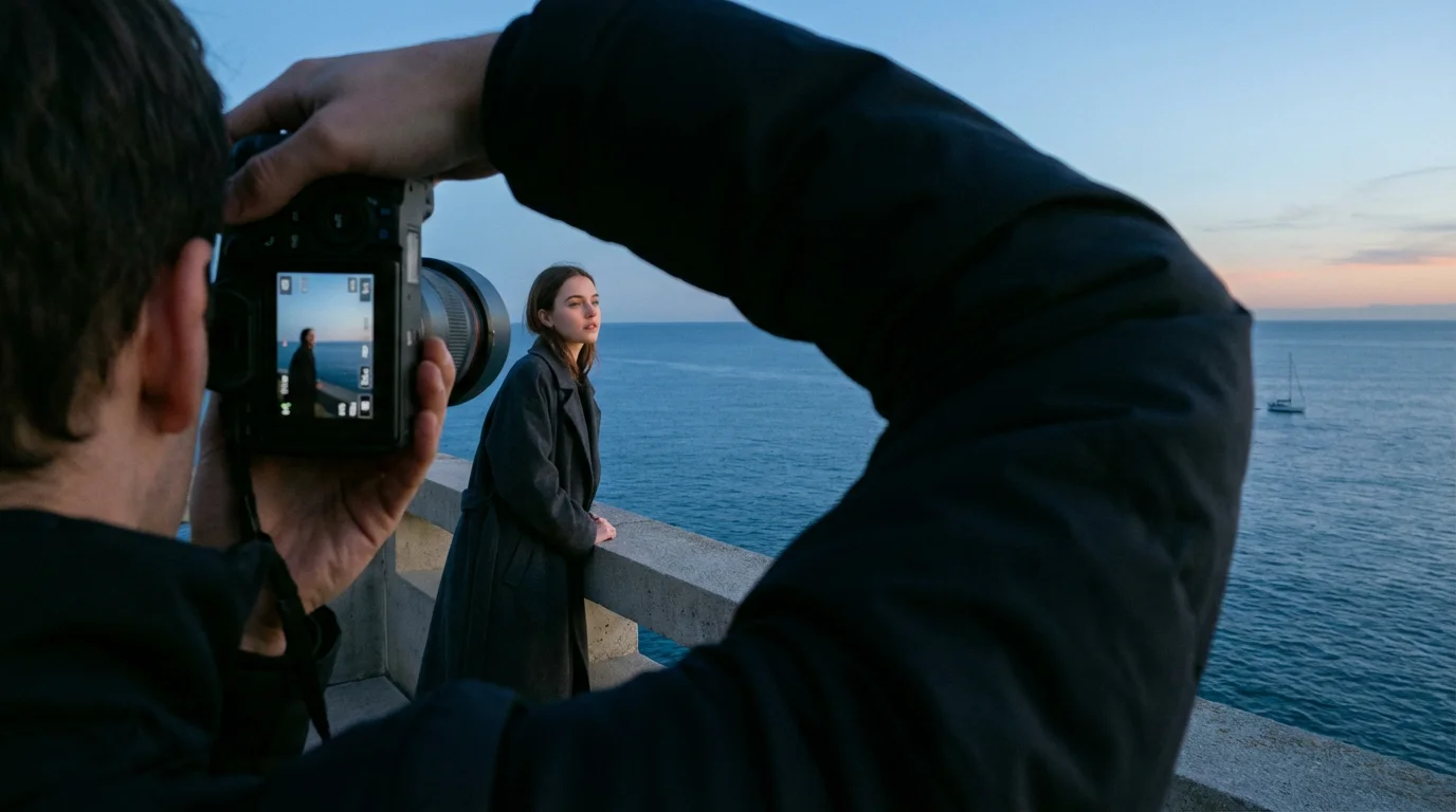 Over-the-shoulder view of a photographer taking a portrait during blue hour by the ocean.