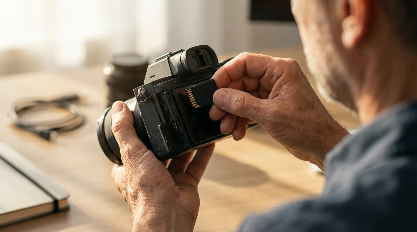 Over-the-shoulder view of a photographer's hands inserting an SD memory card into a camera.