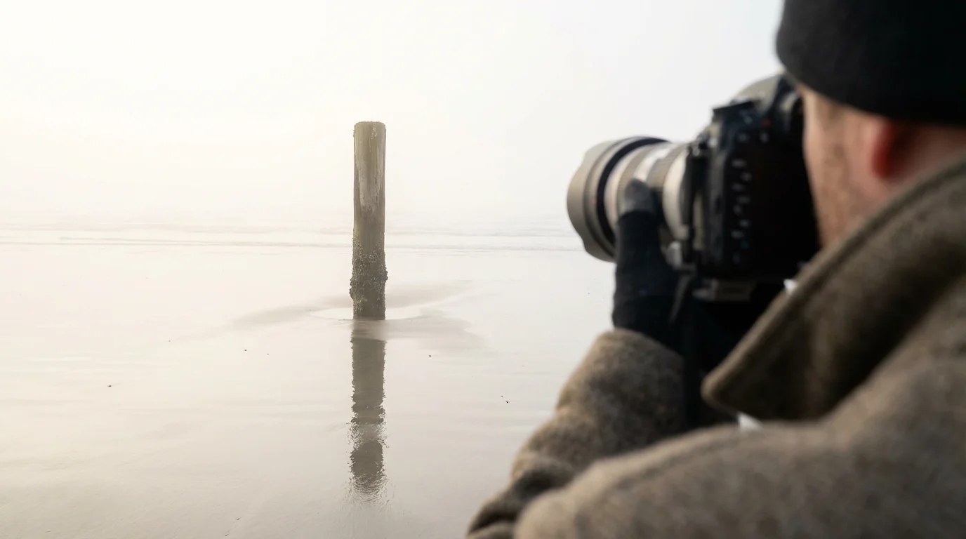 Over-the-shoulder view of a photographer framing a lone pier post on a foggy beach.