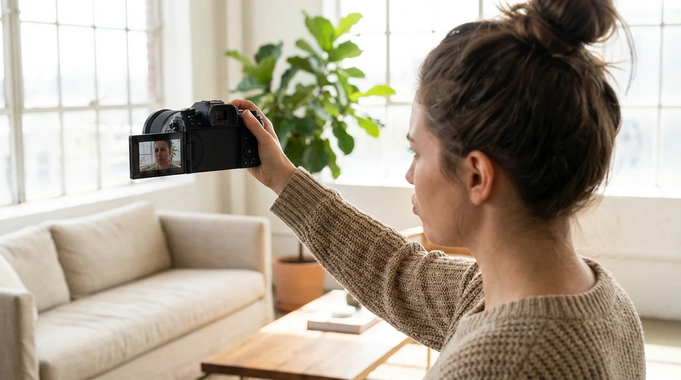 Over-the-shoulder view of a woman awkwardly holding a camera at arm's length for a selfie.