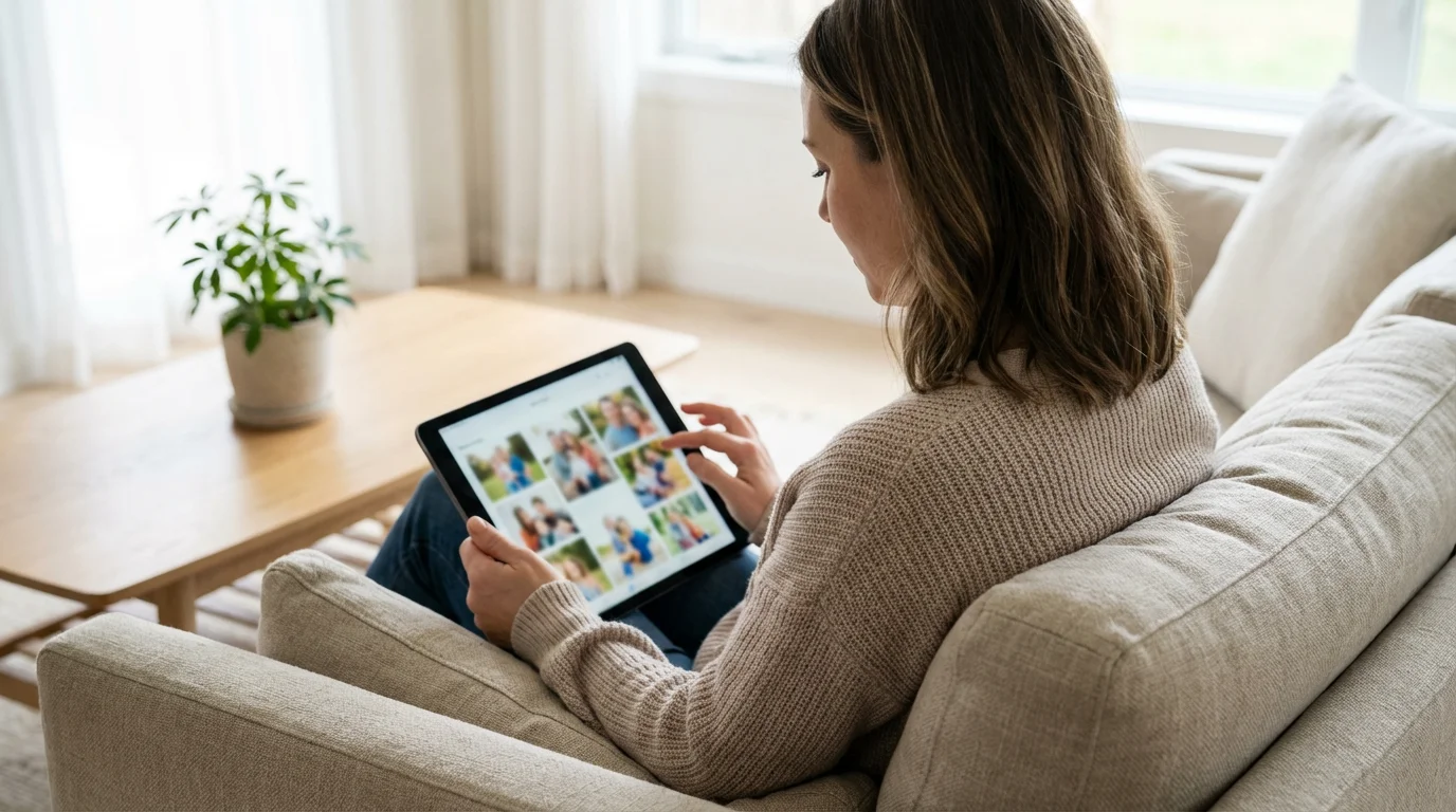 Over-the-shoulder view of a woman browsing a family photo gallery on a digital tablet.