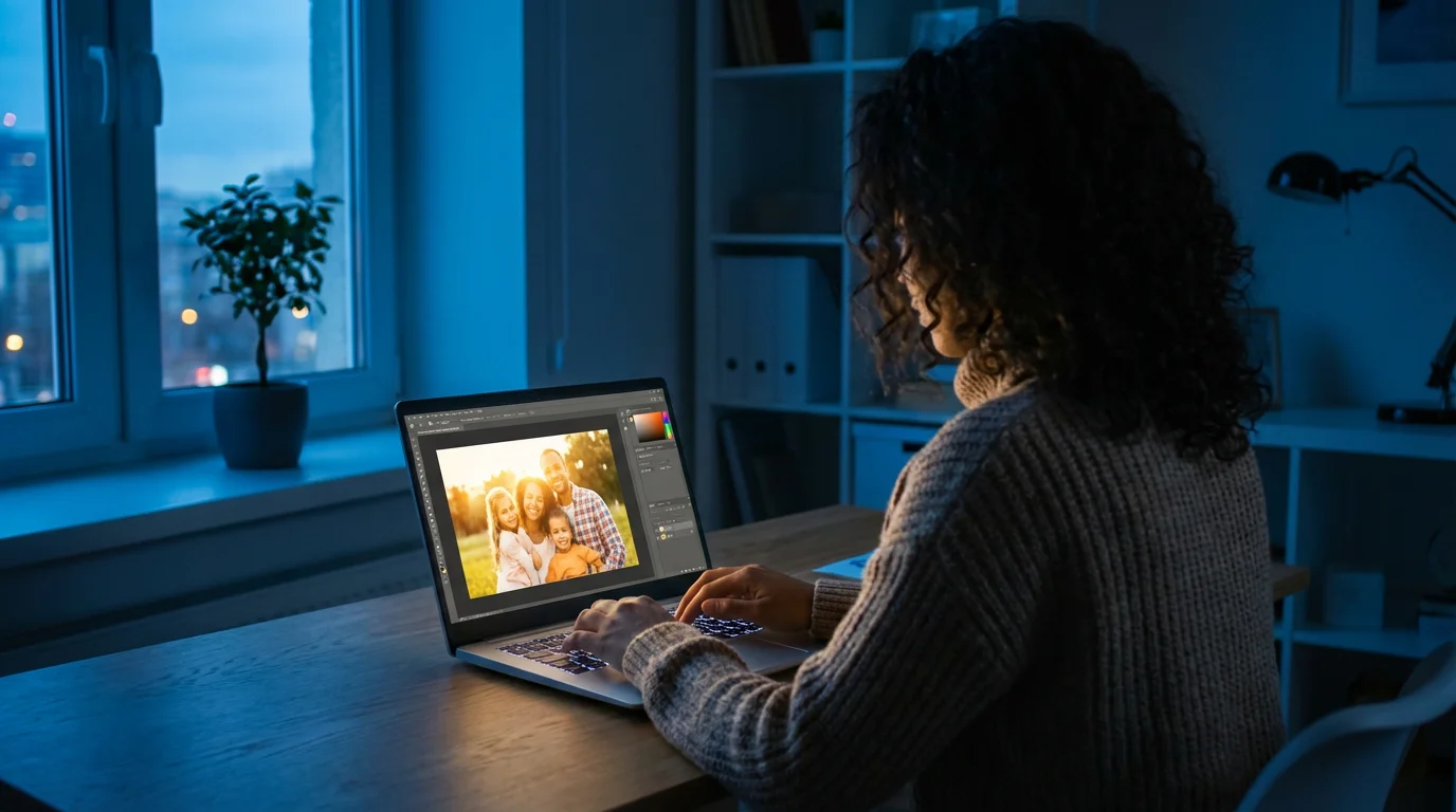Over-the-shoulder view of a woman editing a family photo on a laptop at dusk.