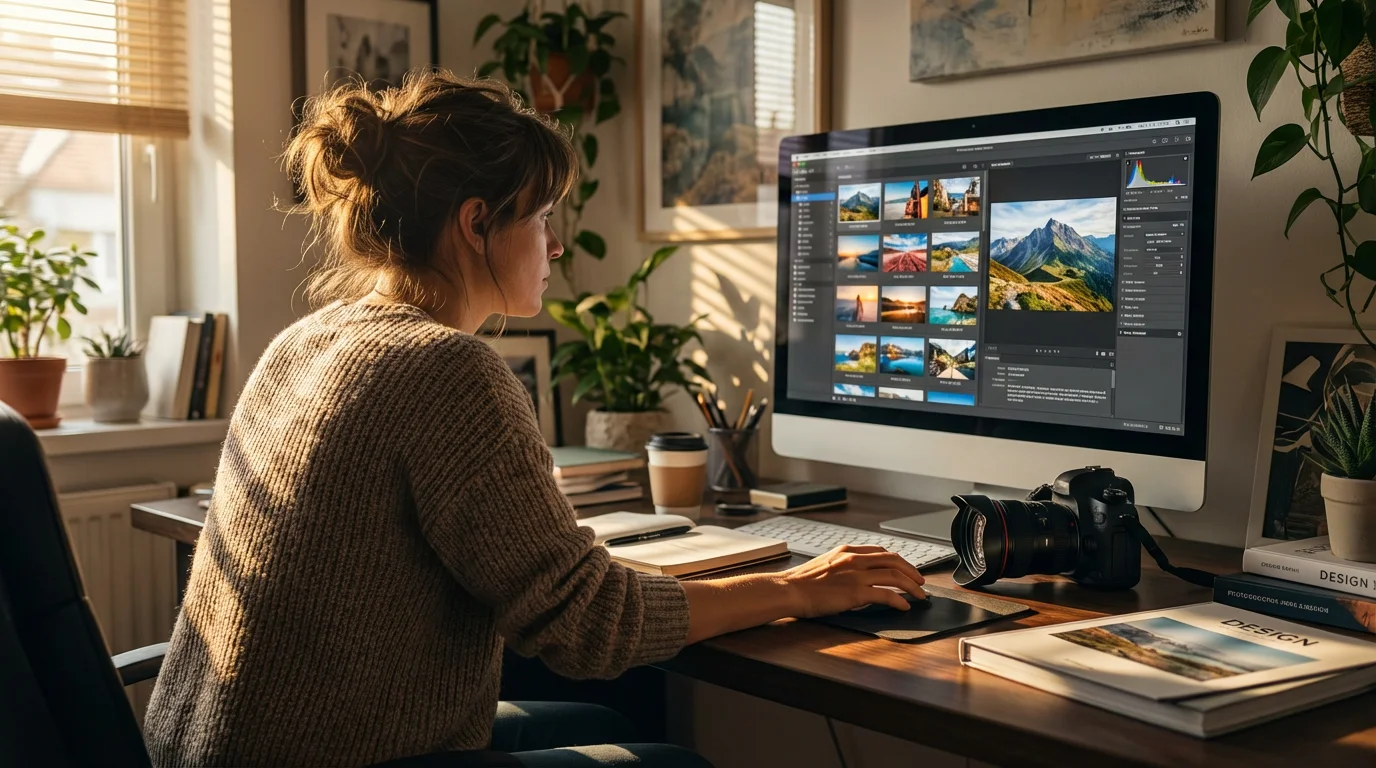 Over-the-shoulder view of a woman using photo organizing software on her desktop computer.