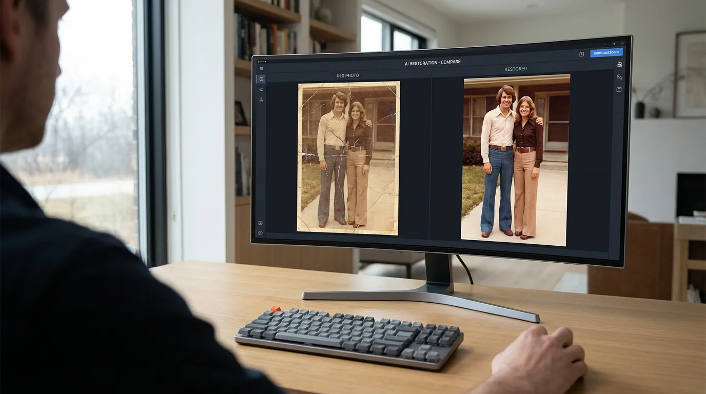 Over-the-shoulder view of AI photo restoration software comparing a damaged and restored photo.