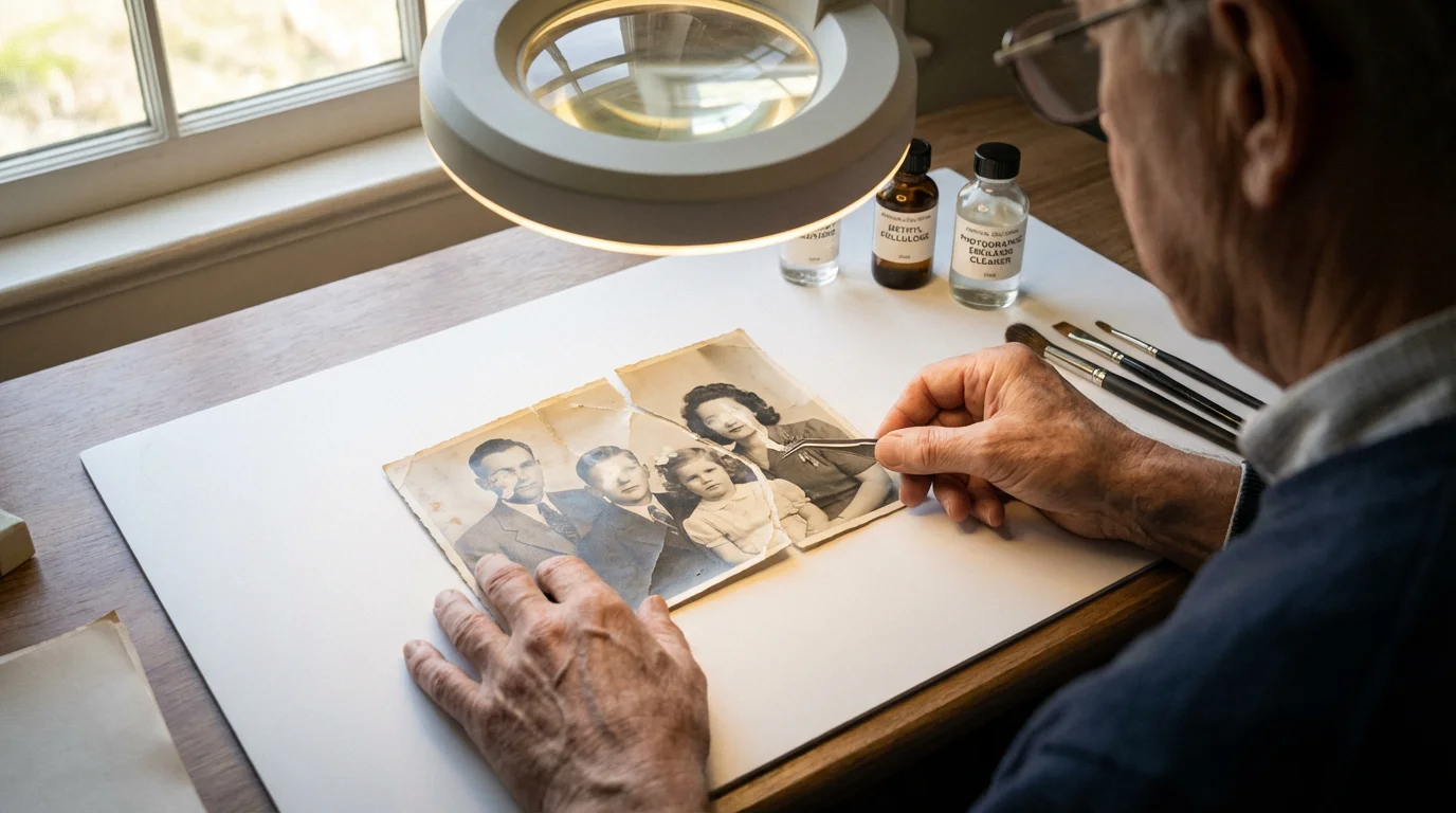Over-the-shoulder view of an expert's hands restoring a torn, vintage black-and-white photograph.