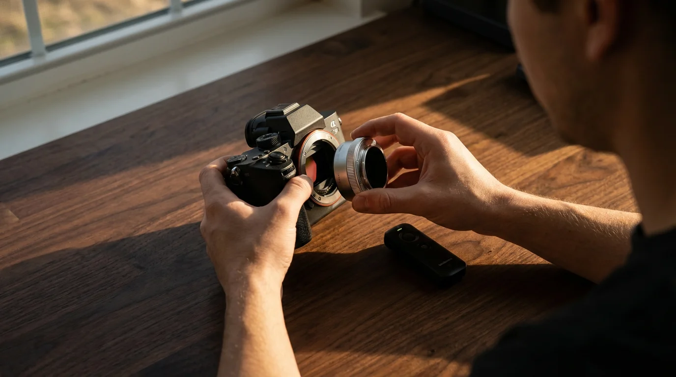 Over-the-shoulder view of hands attaching a lens adapter with a remote trigger nearby.
