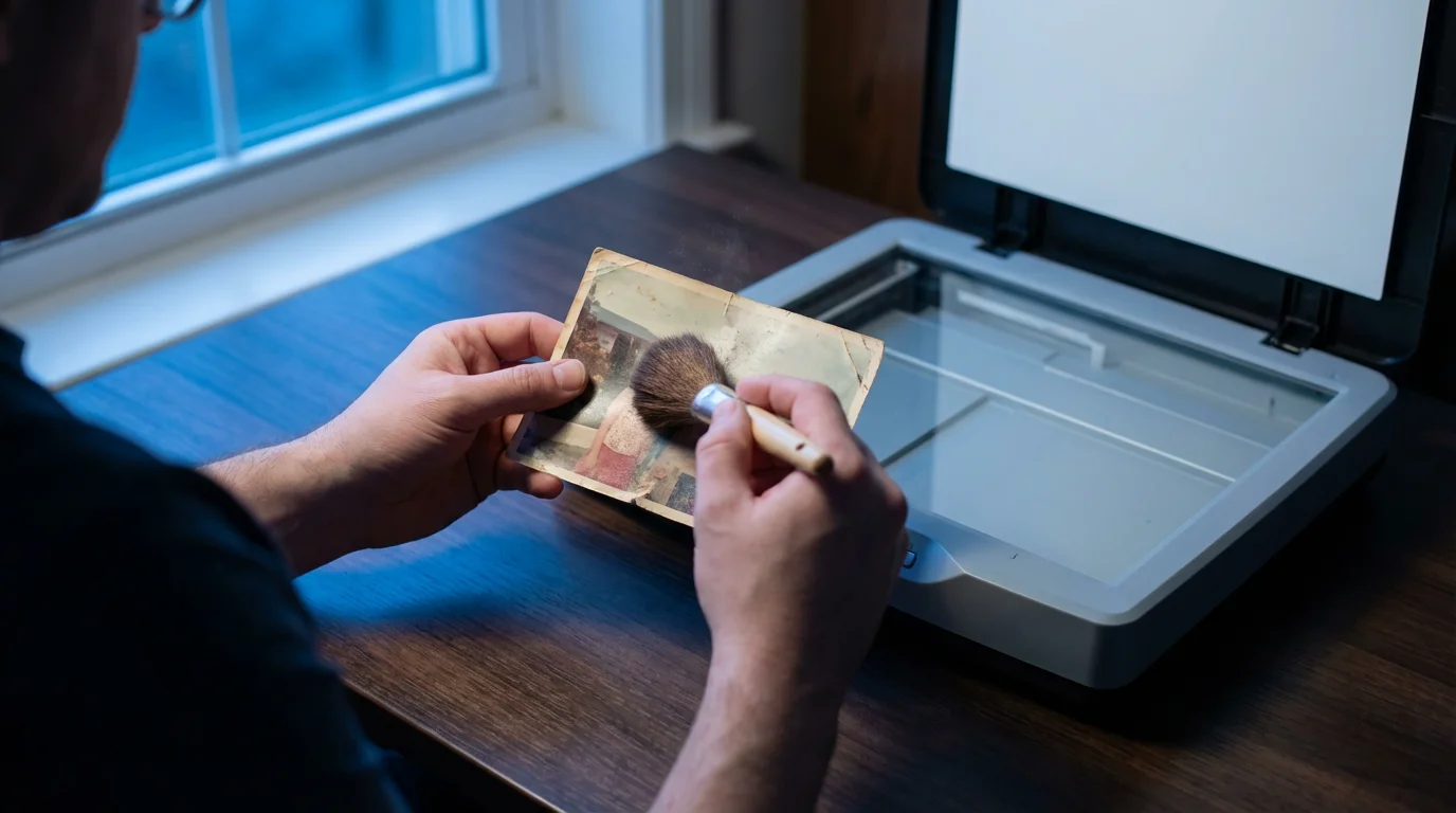 Over-the-shoulder view of hands carefully brushing dust off a vintage photo before scanning.