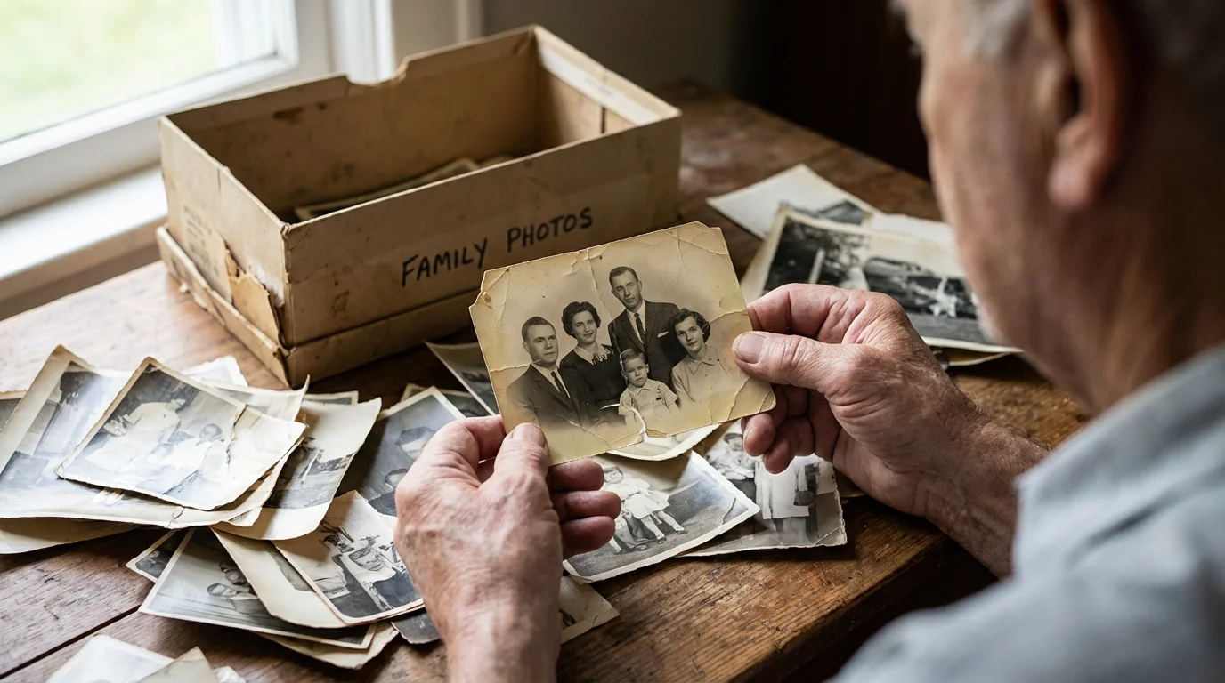 Over-the-shoulder view of hands holding a deteriorating old photograph over a box of damaged prints.