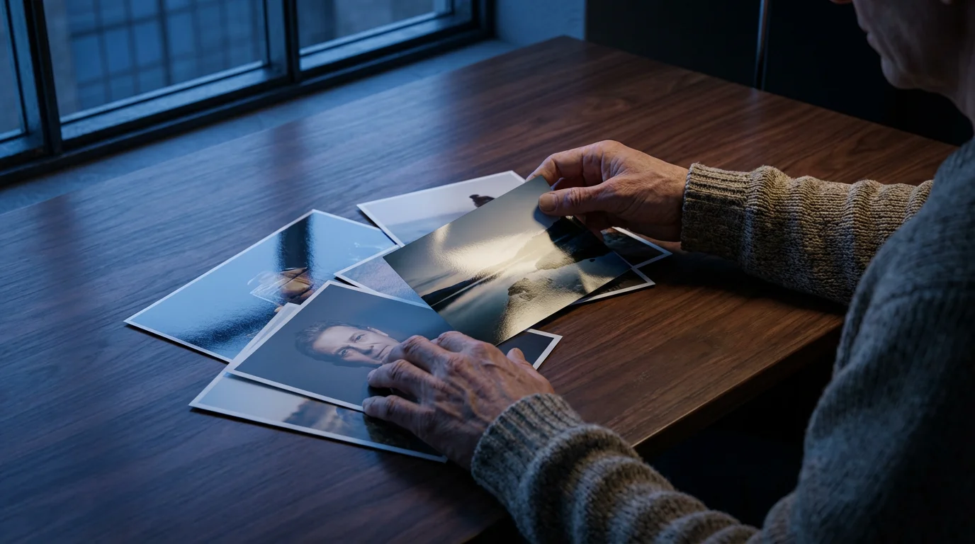 Over-the-shoulder view of hands holding photographs with different paper finishes during blue hour.