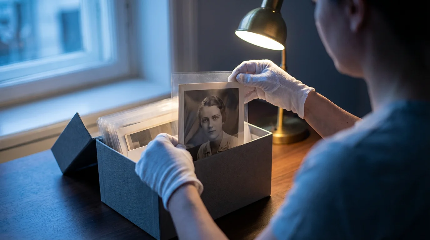 Over-the-shoulder view of hands in archival gloves placing old photos into a preservation box.