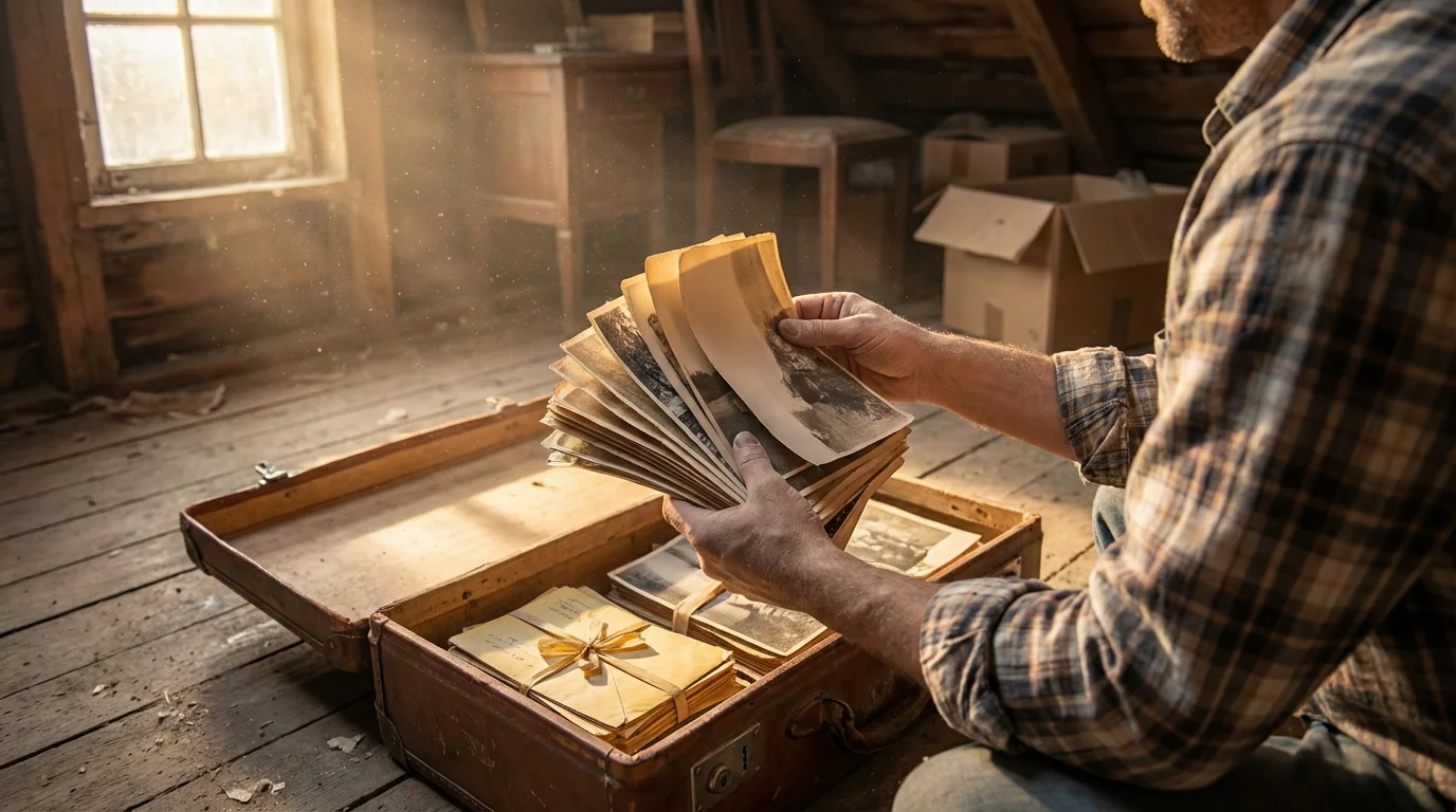 Over-the-shoulder view of hands lifting old family photos from a vintage suitcase in an attic.