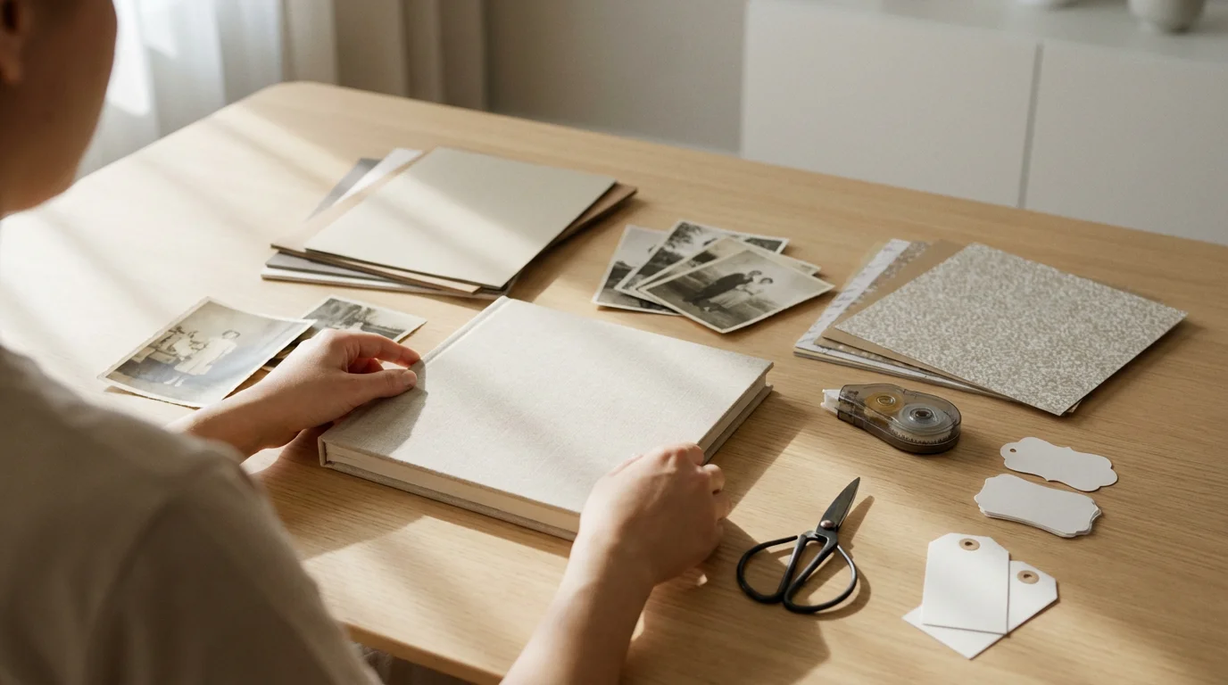 Over-the-shoulder view of hands organizing archival-quality scrapbooking supplies and photos on a wooden desk.