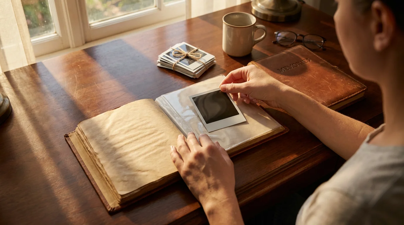 Over-the-shoulder view of hands placing a Polaroid photo into a protective archival album sleeve.