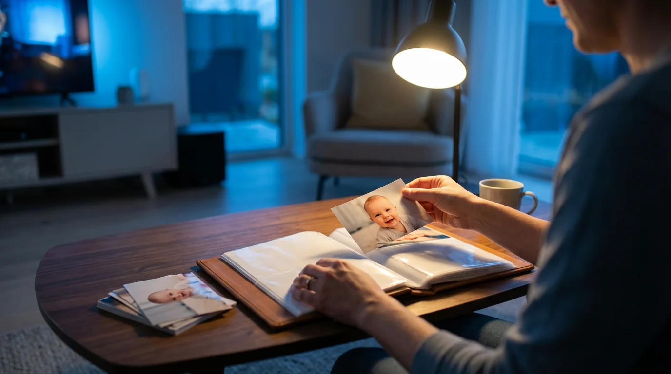 Over-the-shoulder view of hands placing a printed baby photo into an album at dusk.