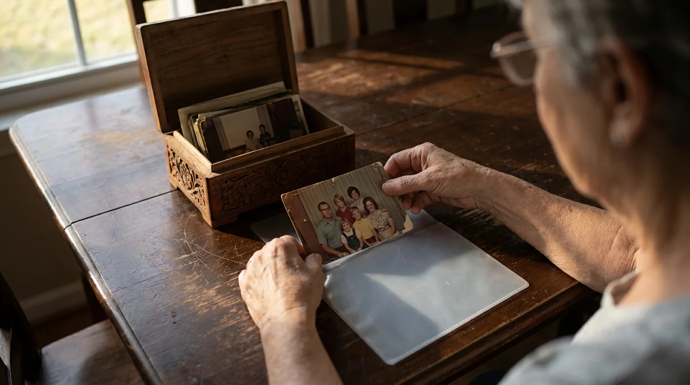 Over-the-shoulder view of hands placing a photograph into an archival sleeve on a table.