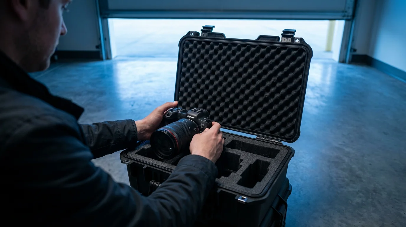Over-the-shoulder view of hands placing a camera into a protective hard case at twilight.