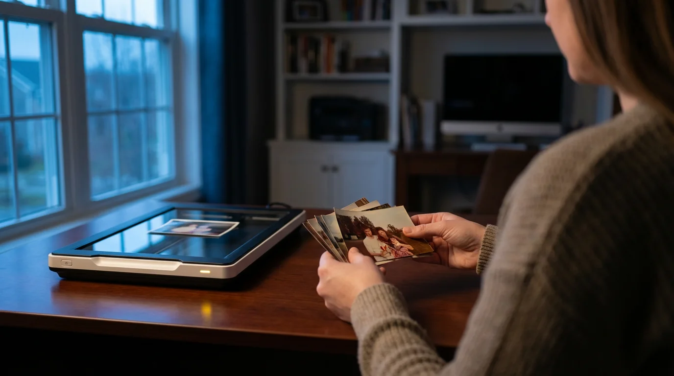 Over-the-shoulder view of hands scanning old physical photographs on a desk during blue hour.