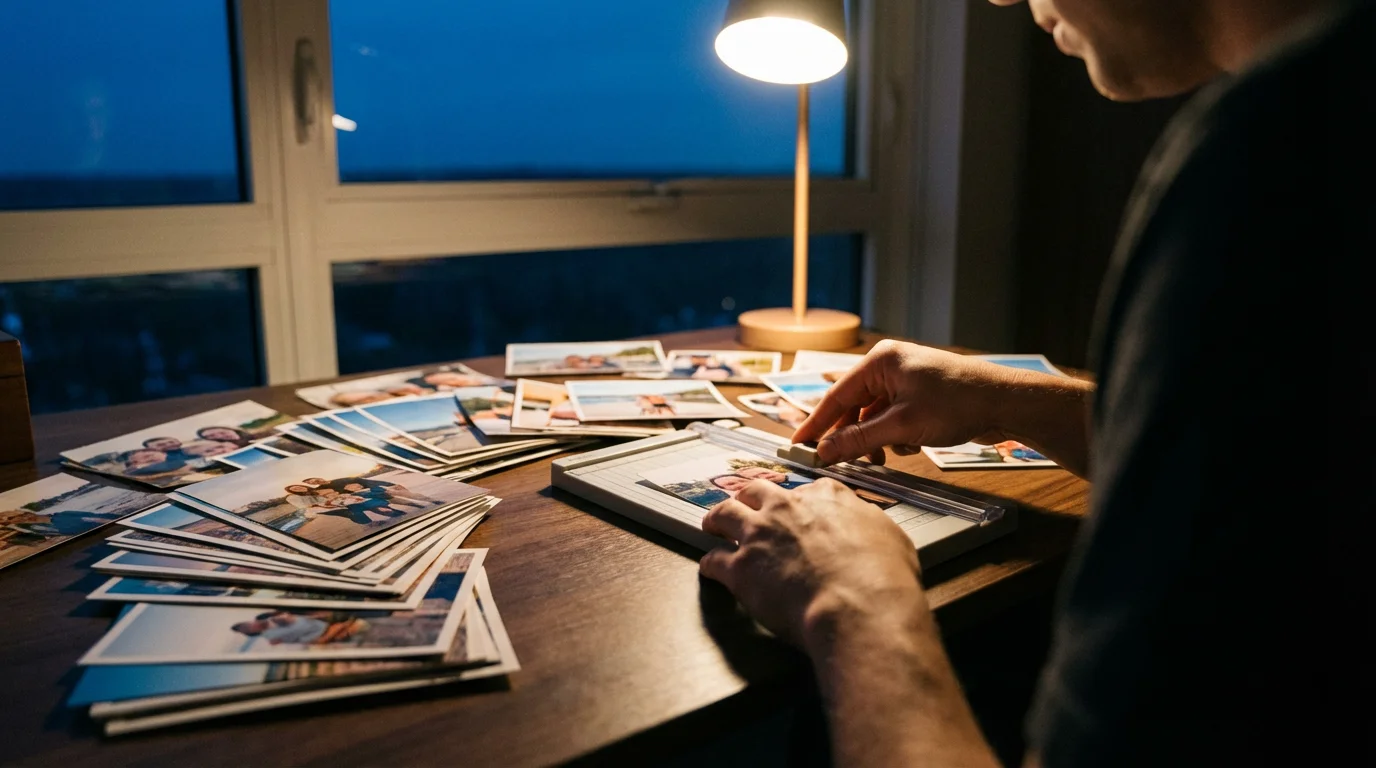 Over-the-shoulder view of hands trimming a photograph for a scrapbook on a desk.