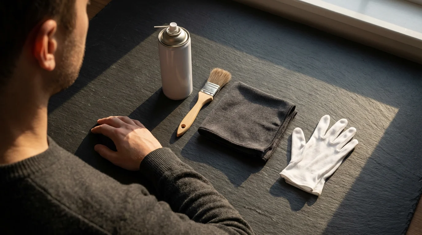 Over-the-shoulder view of photo preservation tools: gloves, compressed air, and brush on a desk.