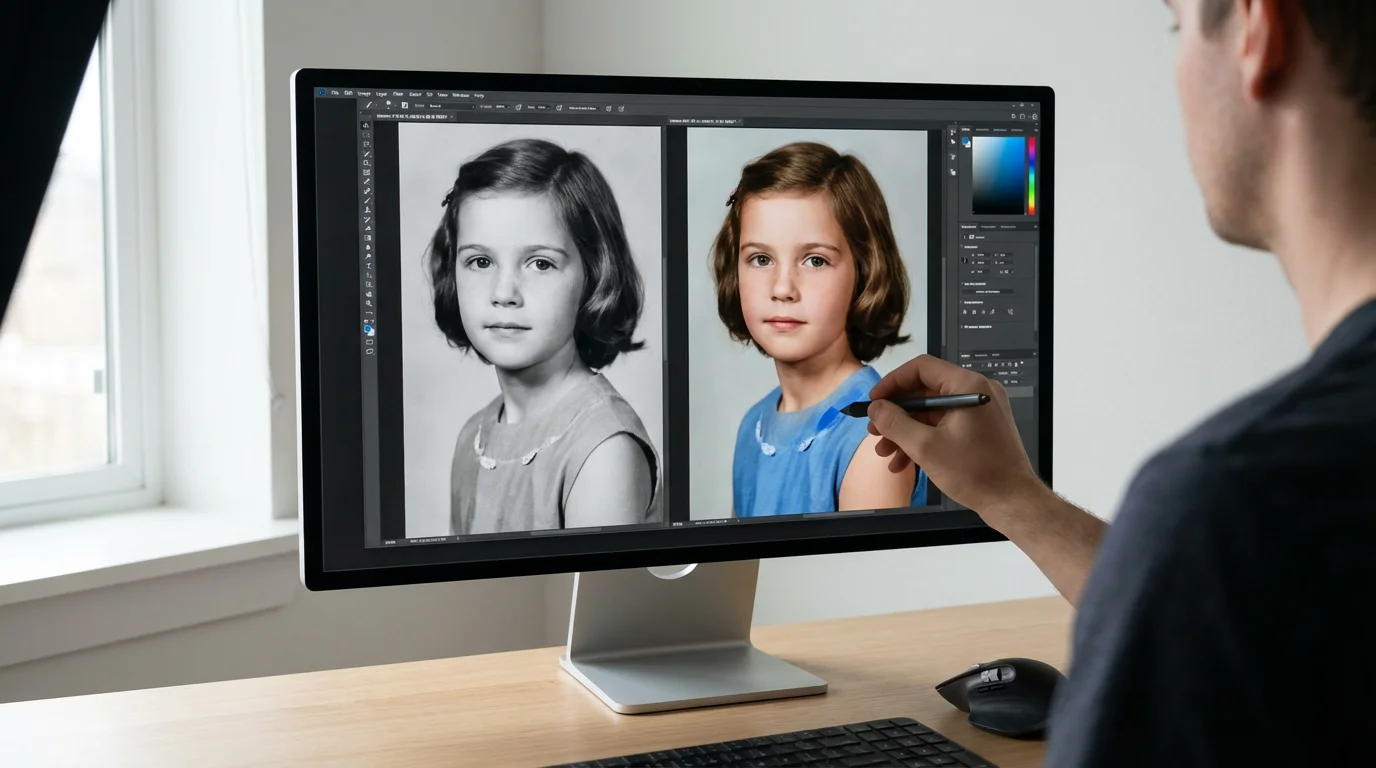 Over-the-shoulder view of someone colorizing a vintage black-and-white photo on a computer.