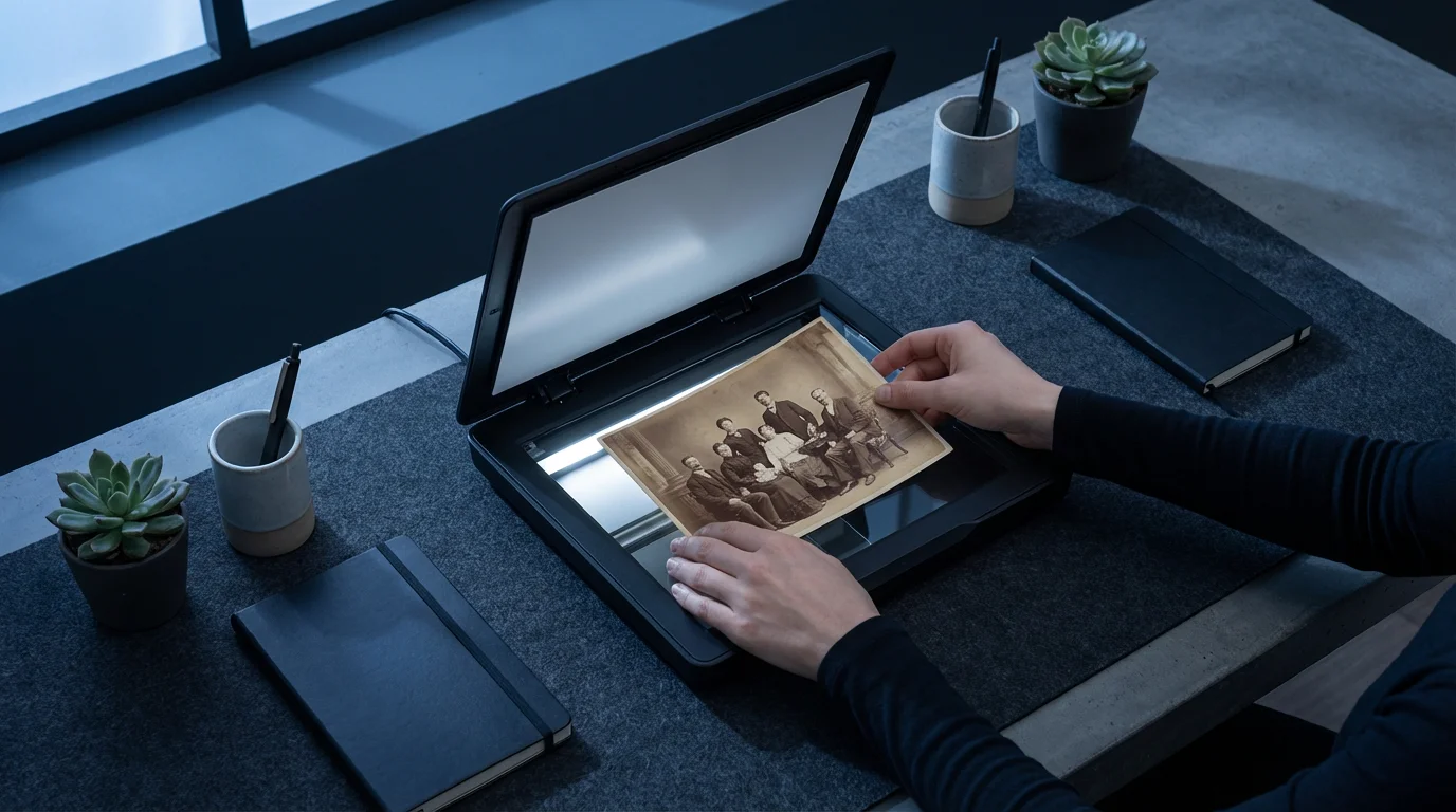 Overhead view of an antique photograph being carefully placed on a modern flatbed scanner.